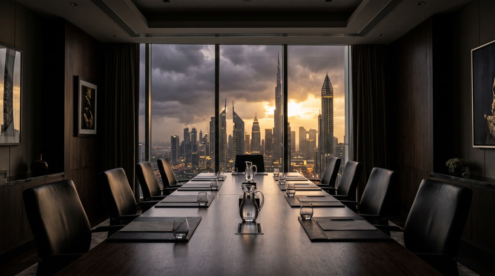 Hotel crisis recovery — Dubai skyline at golden hour through boardroom windows